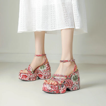 Paisley Flower Print Bohemian Ethnic Women Summer Shoes Designer Open Toe Platform Wedges High Heels Casual Sandals For Woman