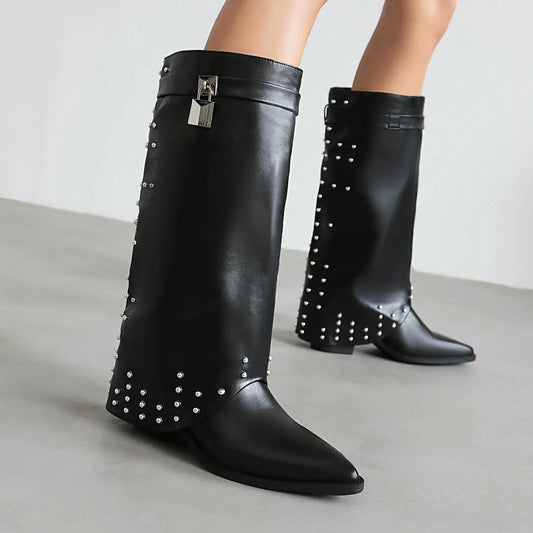 Rivet Metal Lock Tip Thick Heel Breathable Punk Style Women's Fashion Boots Trendy And Fashionable Knee High Boots