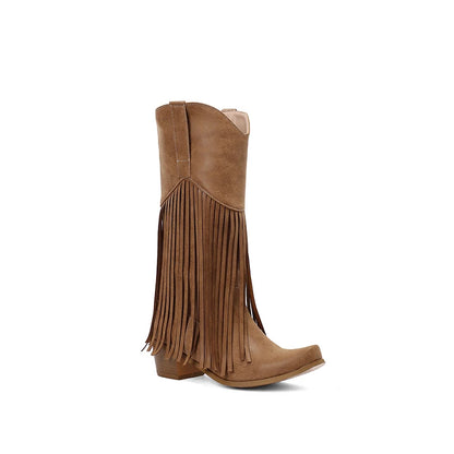 Plus Size Flock Velvet Material Wood Grain Coarse Heel Fringe Fine Strip Slip On Women's Mid-Calf Boots Plush Lining Knight Boot