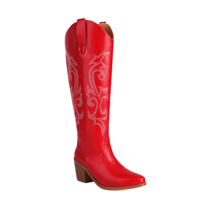 Pointed Wood Grain Thick Heel Western Boots