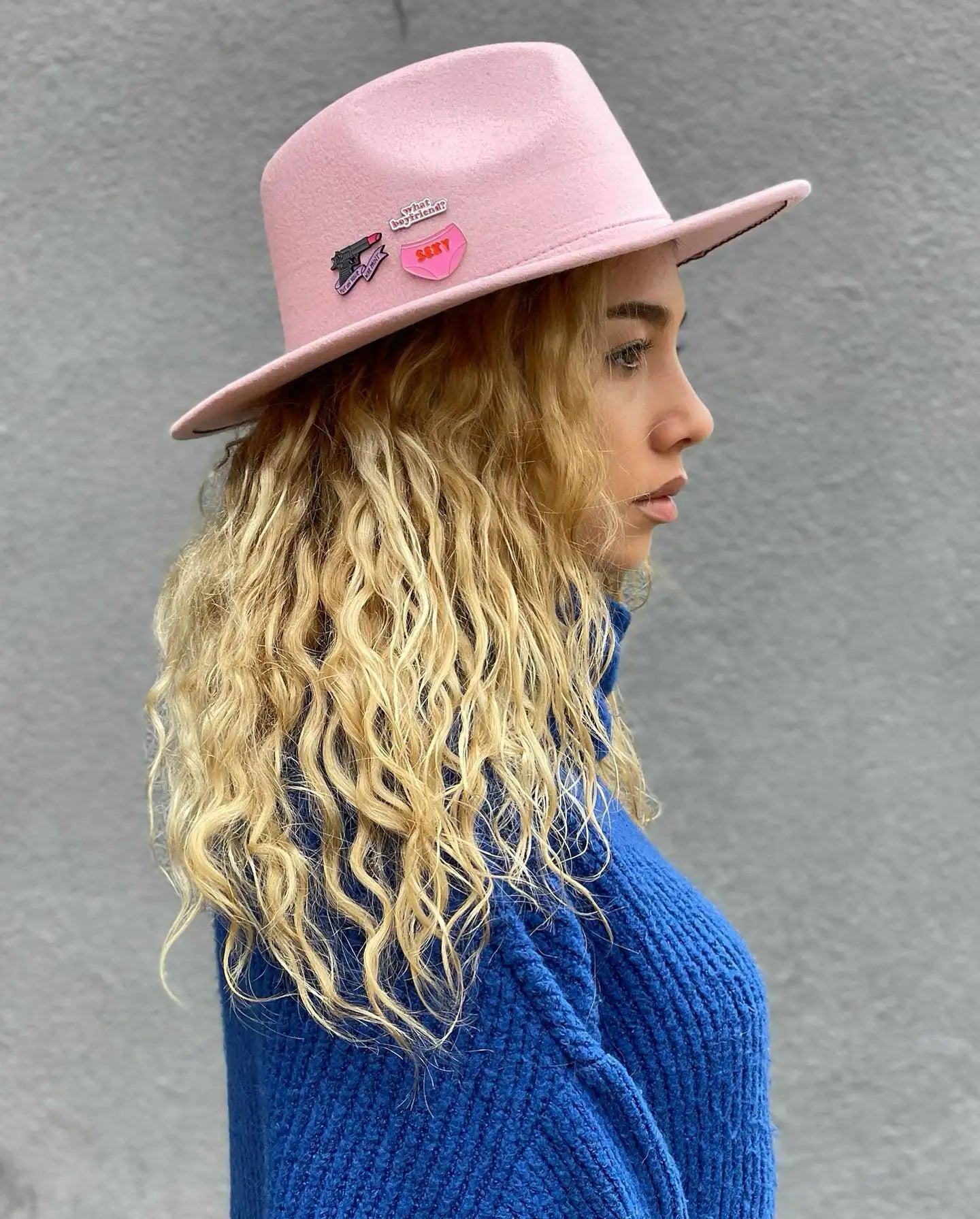 Cartoon Metal Patch Pink Fedora Hat