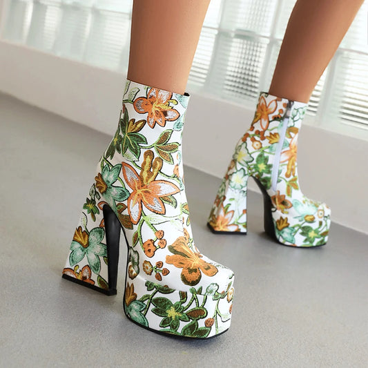 Colorful Flower Pattern Super High Cutout Chunky Heel Women's Ankle Boots