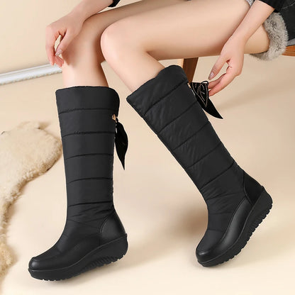 2024 Plus Size Winter Warm And Waterproof Down Cotton Boots With Tassel Lacing Flat Bottom Slope Heel Stripe Knee Length Boots