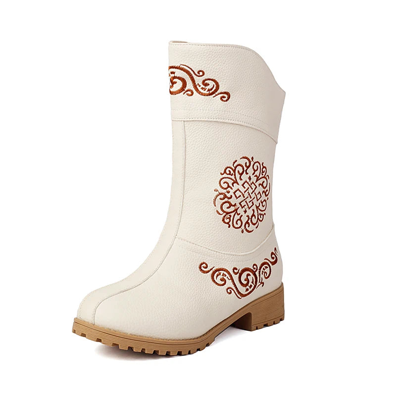 Ethnic Style Embroidery Floral Wood Grain Thick Heel Breathable Inner Short Boots Slip-On Minimalist Style Women's Boots