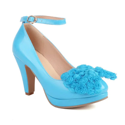 Plus Size 34-48 Bright Yellow Blue Round Toe Lady Mary Janes Shoes Spike High Heels Stiletto Women Pumps With Lace Flower Bowtie