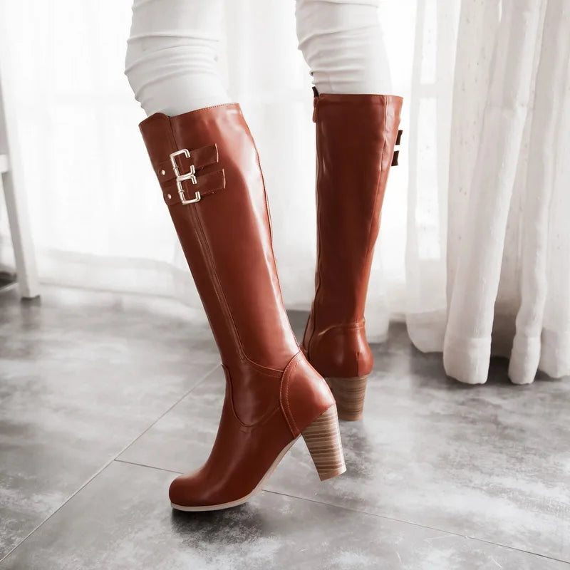 Double Row Metal Belt Buckle Wood Grain Thick Heel Round Toe Office Knee Boots Side Zip Classic Simple Style Shoes Plus Size