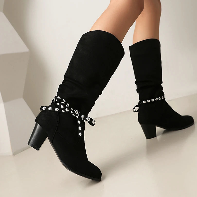 Ankle Tie Bow Round Head Thick Heel Suede Material Women's Knee High Boots Autumn And Winter New Style Simple Style Long Boots