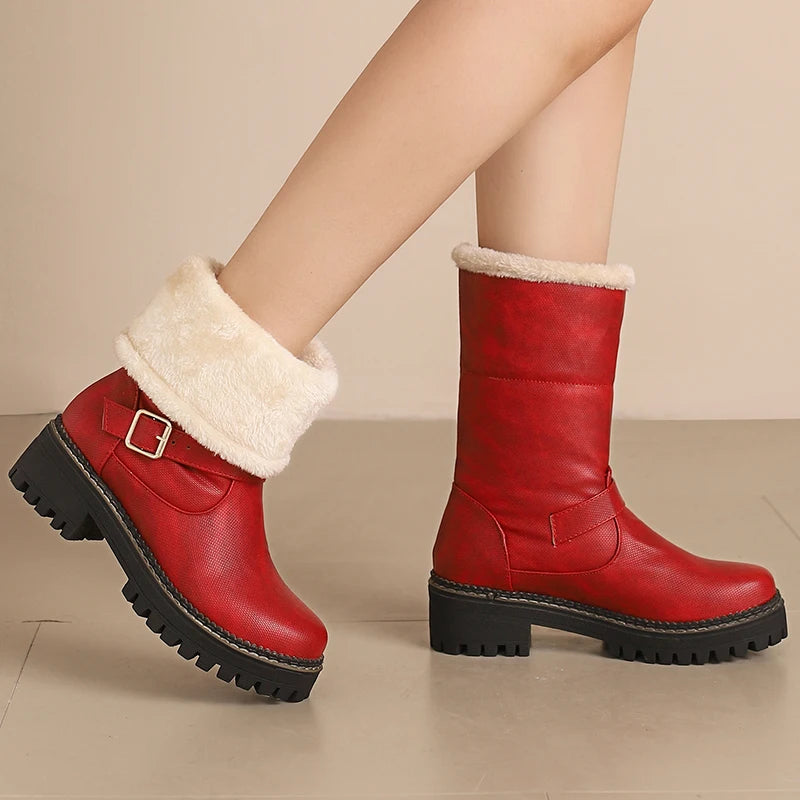 Fur Splicing PU Slip On Denim Leather Sweet Snow Boots