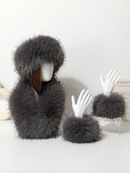 2-piece hat scarf imitation fox fur