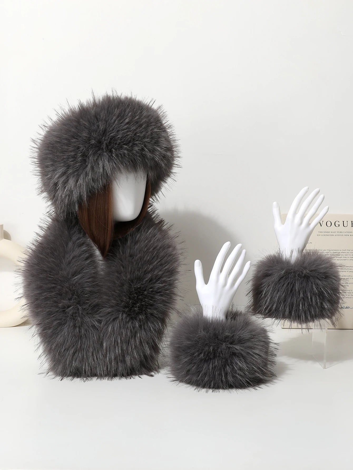 3-piece set of imitation fox fur headband hats