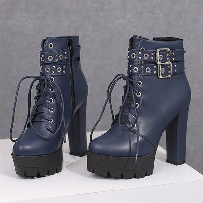 Double Row Metal Belt Buckle With Tie Up Super High Thick Heels Short Boots Platform Side Zipper Plush Inner Lining Ankle Boots