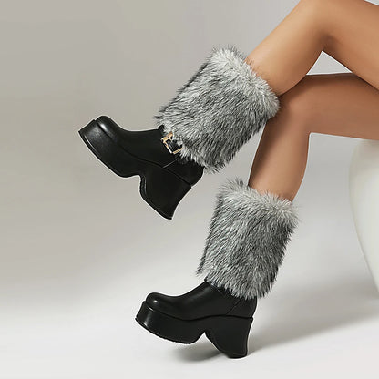 Fur Splicing PU Thick Soled Sponge Cake Heel Ankle Metal Belt Buckle Thick Plush Mid-calf Boots Height Increasing Snow Boots