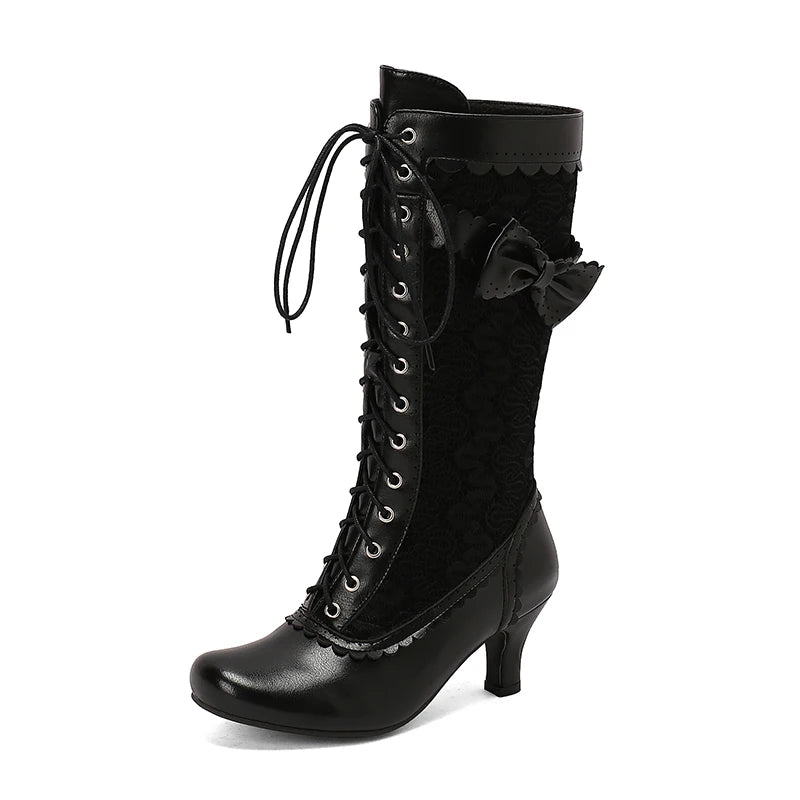 Plus Size Ruffled Lace Patchwork PU Cat Heel Mid Length Boots With Cross Tie Bow And Side Zipper New Women's Mid-Calf Boots