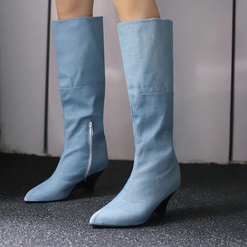 Plus Size Denim Material Pointed Flat Bottomed Sloping Heel Plush Lining Knee Boots Side Zipper Floor Slip On Elastic Boots