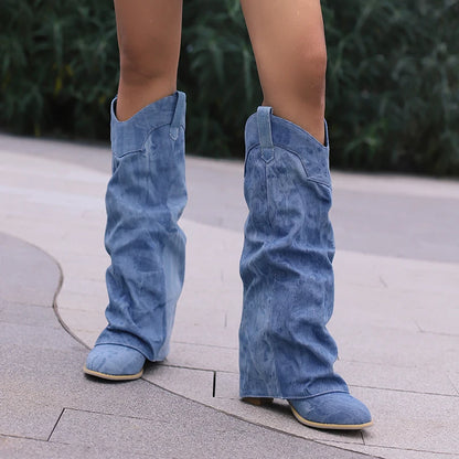 Plus Size Washed Denim Material With Cuffed Fashion Western Boots Side Fringe Wood Grain Thick Heels Slip-On Trend Knee Boots