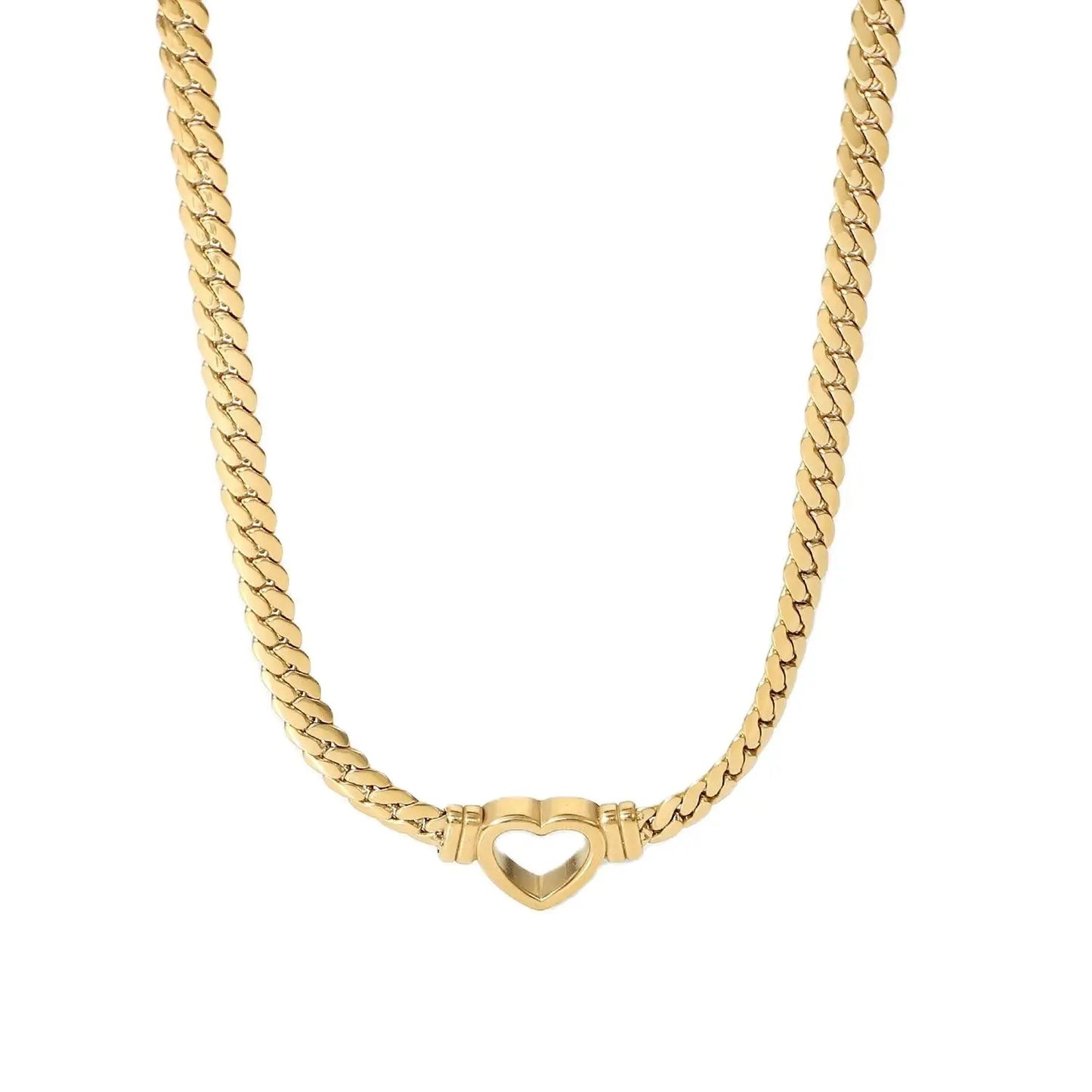 New Trend Stainless Steel Cuban Chain Hollow Heart Necklace Wedding 14K Gold Plated Love Heart Pendant Necklace for Girls