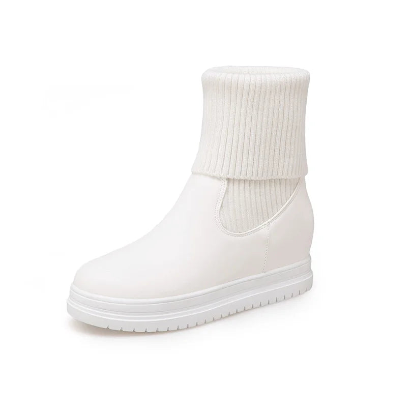 Knitting Wool Splicing PU Slip-On Women's Mid-calf Boots With Flat Heels And Thick Soles For Winter Warmth Office Boots