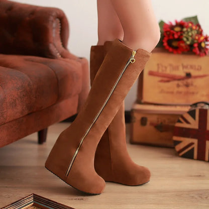 Frosted Flock Material Lamb Thick Plush Warm Long Boots Flat Bottom Slope Heel Side Zipper Women's Knee-High Boots 2024