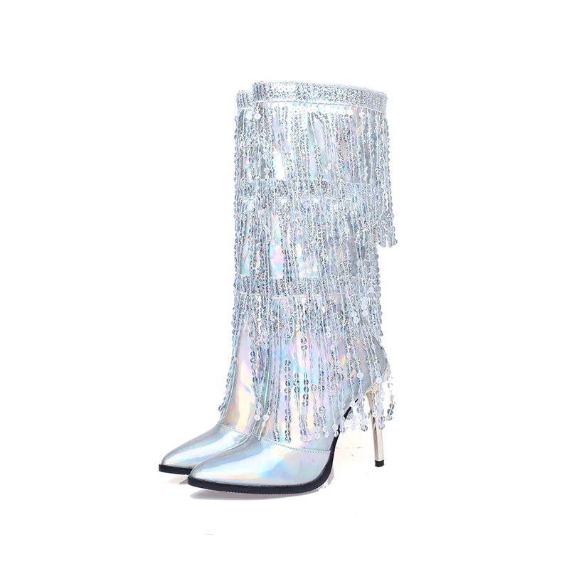 Plus Size Bright Laser Pattern Patent Leather Rhinestone Fringed Catwalk Boots Pointed Toe High Metal Stiletto Heel Knee Boots