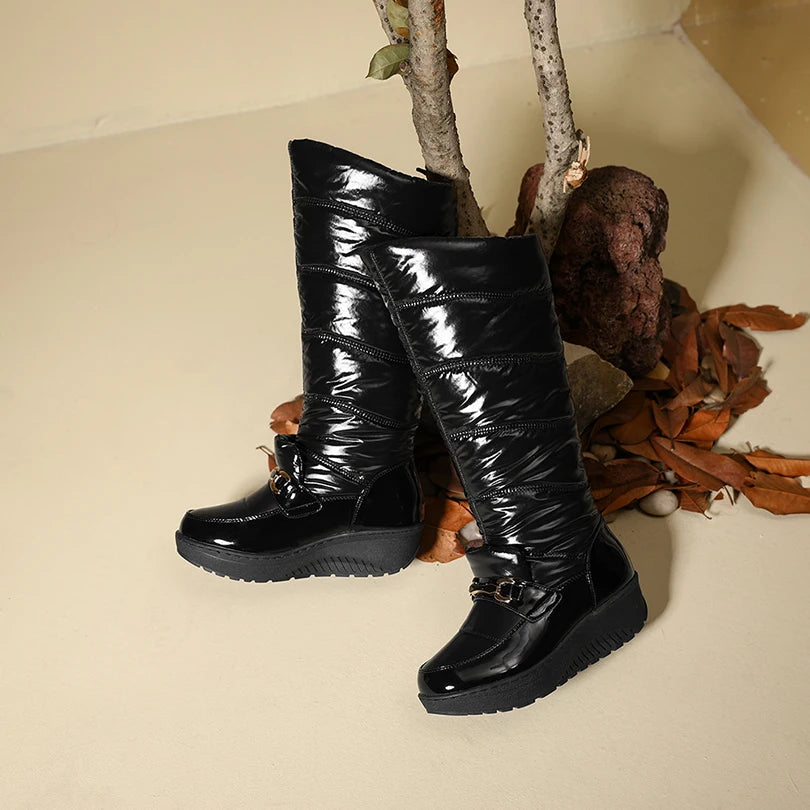 Plus Size Tarpaulin Filled Space Cotton For Winter Warmth Knee High Boots Metal Decoration Flat Heel Thick Sole Slip-On Boots