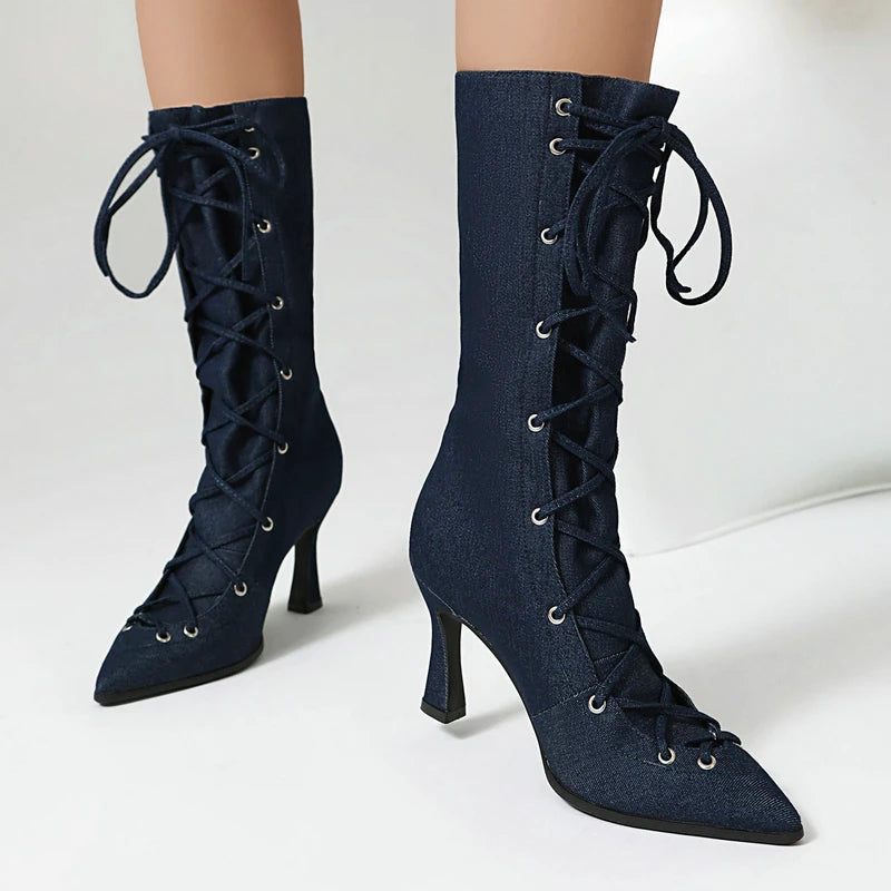 Light Blue Denim Jeans Gothic Shoes for Women Lace-up Cross-tied Pointed Toe Spike High Heels Cowboy Lady Mid-calf Boots Size 48