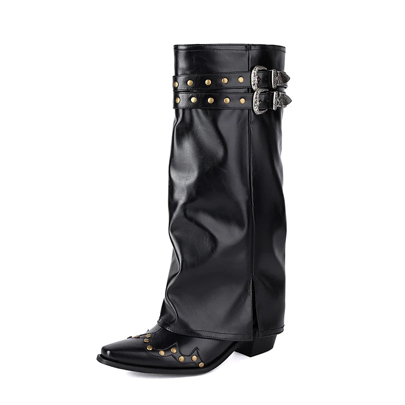 Plus Size Double Row Metal Belt Buckle Rivet Punk Style Street Trend Mid-Calf Boots Breathable Lining Fashion Women's Shoes