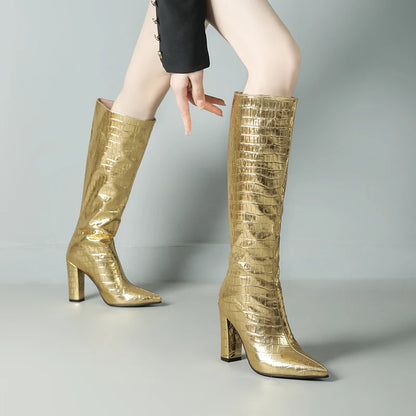 Plus Size Shiny Metallic Pointed Toe Super High Thick Heels Sexy Boots With Stone Stripes Thick Plush Lining Knee High Boots