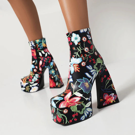 Colorful Flower Pattern Super High Cutout Chunky Heel Women's Ankle Boots