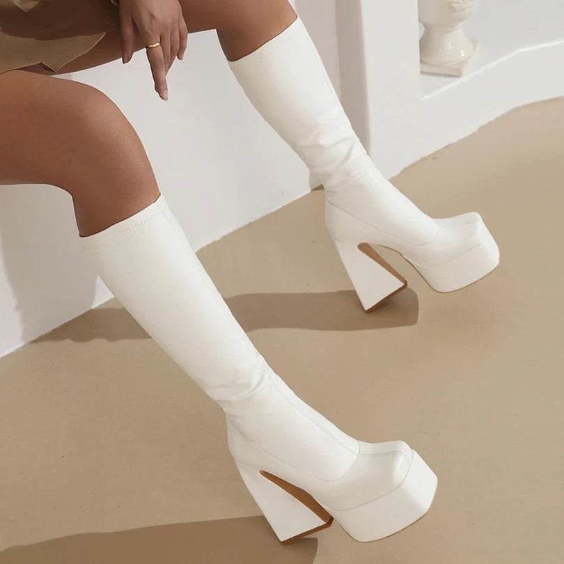 Square Toe Ultra-High Shaped Tapered Heel Slip On Elastic Boots With High Waterproof Tablecloth Lining For Women's Knee Boots