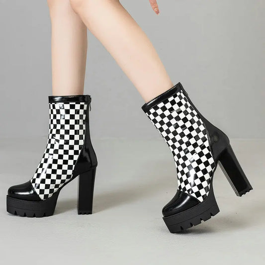 Plus Size 47 48 Checker Designer Women Shoes White Black Contrast Color Round Toe Platform Block High Heels Modern Boots Lady