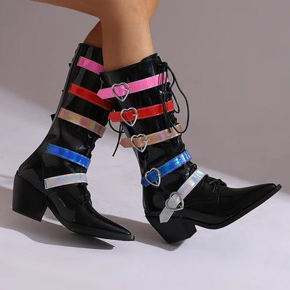 Plus Size Five Row Heart-Shaped Metal Belt Buckle Pointed Cone Wood Grain Thick Heel Cross Tie Zipper Punk Style Mid-calf Boots