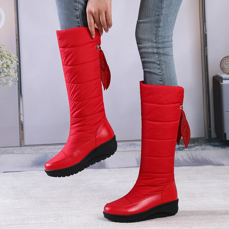 2024 Plus Size Winter Warm And Waterproof Down Cotton Boots With Tassel Lacing Flat Bottom Slope Heel Stripe Knee Length Boots