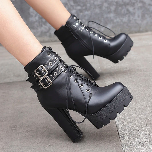 Double Row Metal Belt Buckle With Tie Up Super High Thick Heels Short Boots Platform Side Zipper Plush Inner Lining Ankle Boots