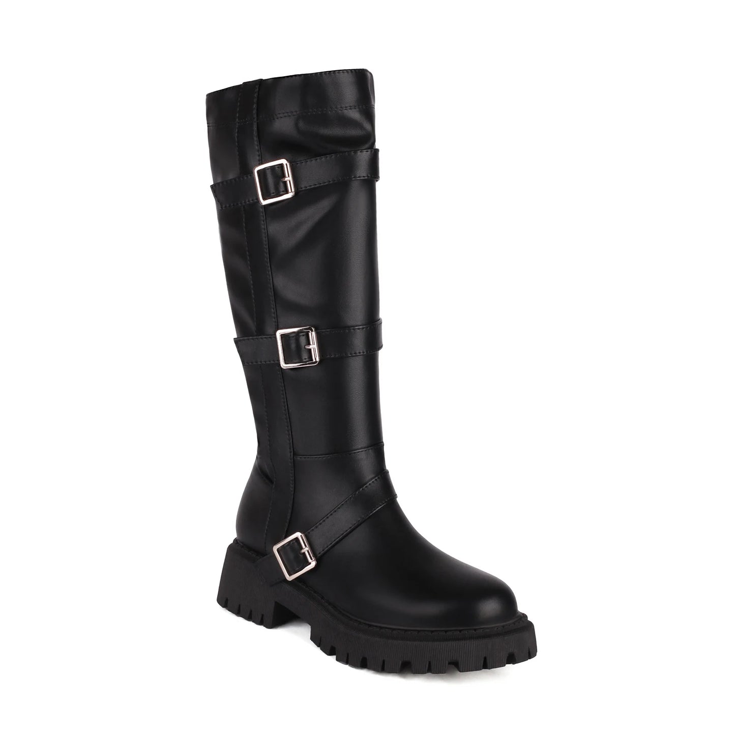 Three Row Metal Square Buckle Thick Heeled Women's Knee Boots With Round Toe Waterproof Platform Side Zipper Thick Sole Boots