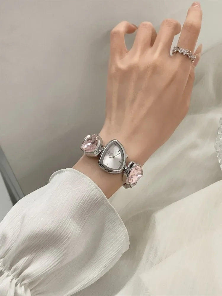 Creative Irregular Women's Bracelet Light Luxury Pink Gemstone Fashion Bracelet Silver Women's Quartz Watch Reloj Mujer