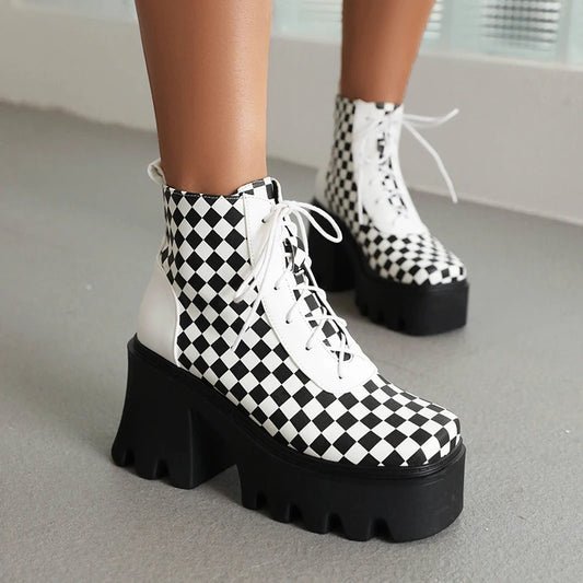 Black And White Cross Lace-Up Mixed Colors Ankle Boots