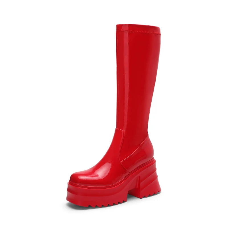 Bright Patent Leather Material Square Toe Super High Thick Bottom Zipper Women's Knee High Waterproof Platform Warm Boots