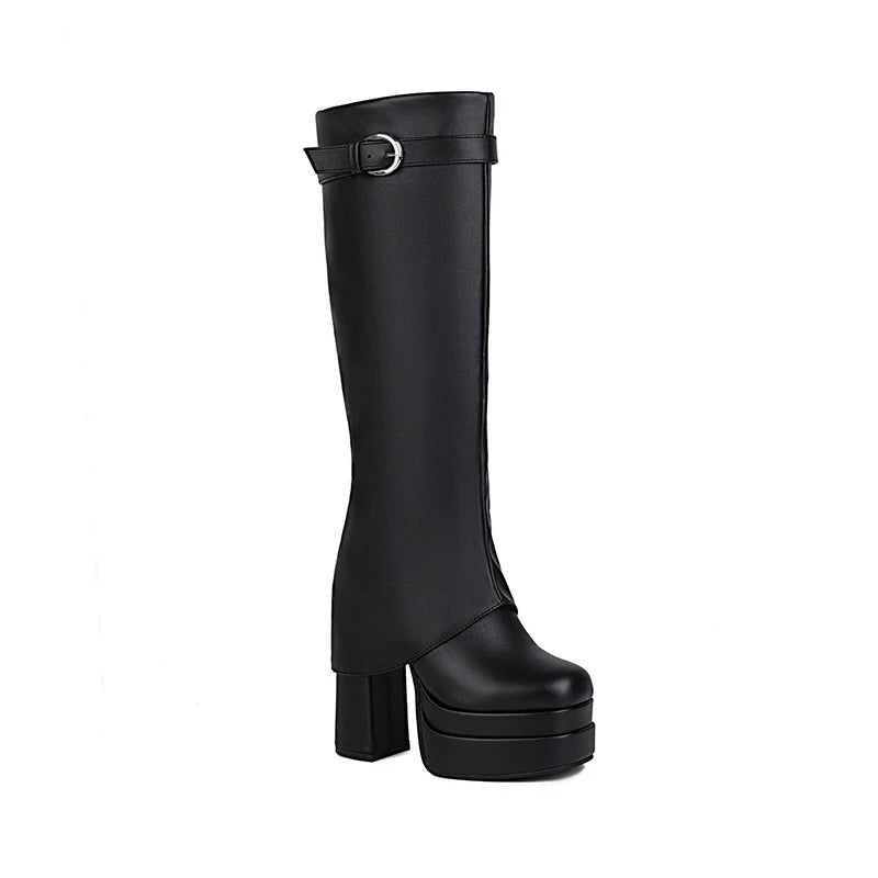 2024 Plus Size Turned-Over Edge Women's Knee-High Boots Warm Plush Inner Super Thick Heel Three-Layer Platform Buckle Shoes