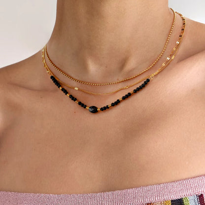 Youthway Glossy Shine Bohemian Natural Stone Black Crystal Three Layer Necklace For Women Stainless Steel Jewelry Gift