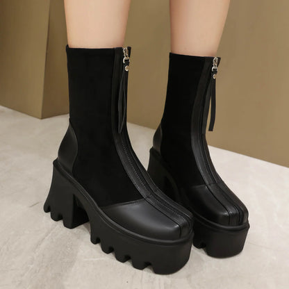 Frosted Flock Panel PU Punk Style Elevated Shoes Square Toe Ultra High Thick Heel Waterproof Platform Front Zipper Women's Boots