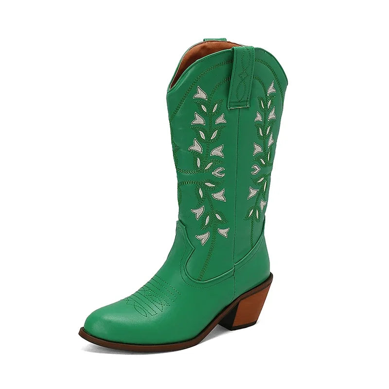 Green White Navy Blue Embroidery Chunky High Heels Women Shoes Big Size 47 48 290 Foot Length Western Punk Gothic Mid-calf Boots