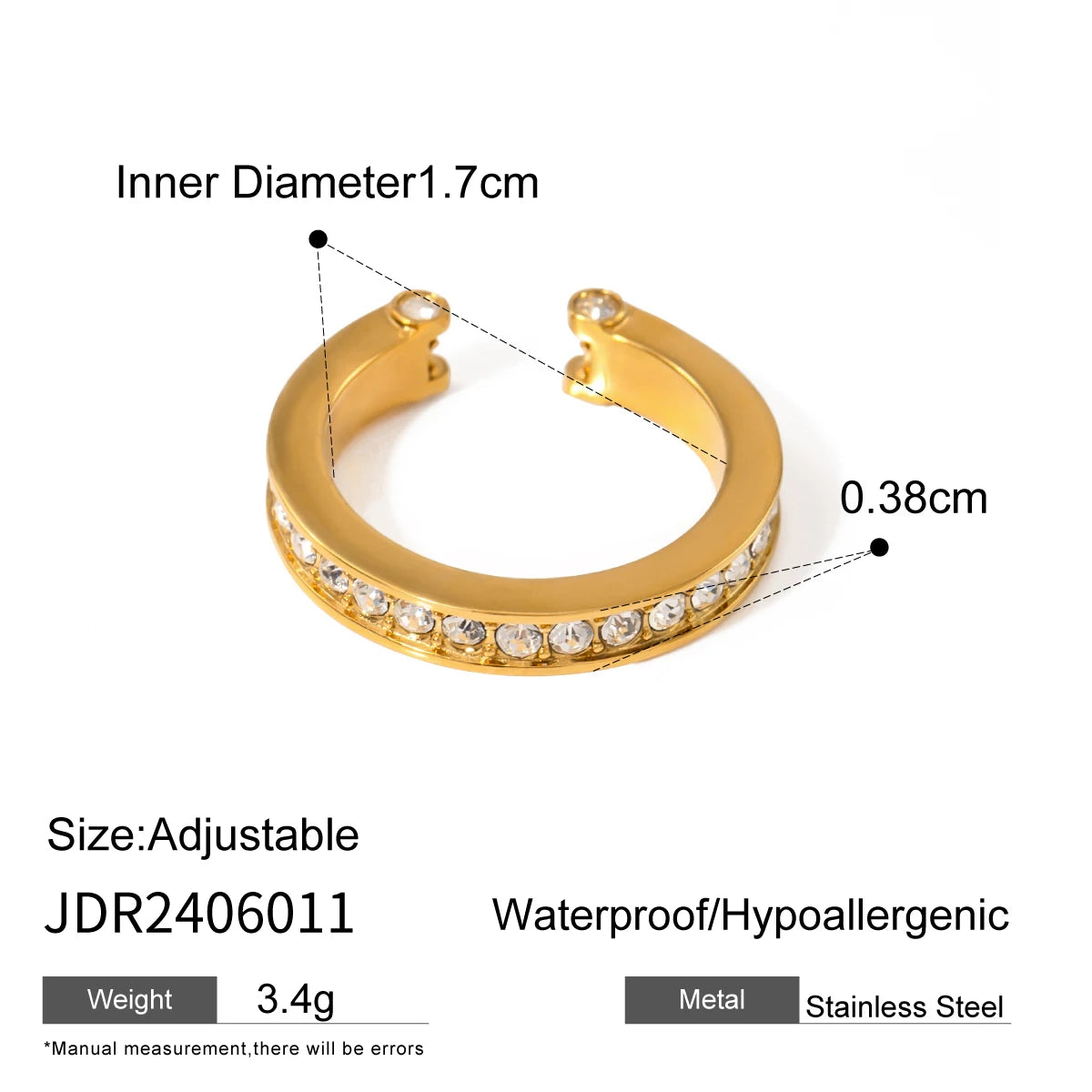 Youthway Unique Designed Upper Lower Asymmetrical Half Bezel Rhinestone Inlaid Ring PVD Plated Stainless Steel Colorfast Jewelry