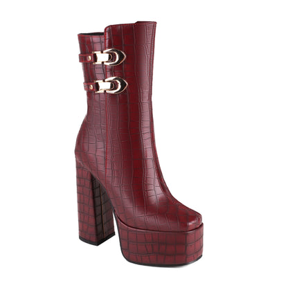 Square Toe Platform Ultra-High Thick Heels Striped Microfiber Mid-Calf Boots Metal Decorative Belt Buckle Zipper Fashion Boots