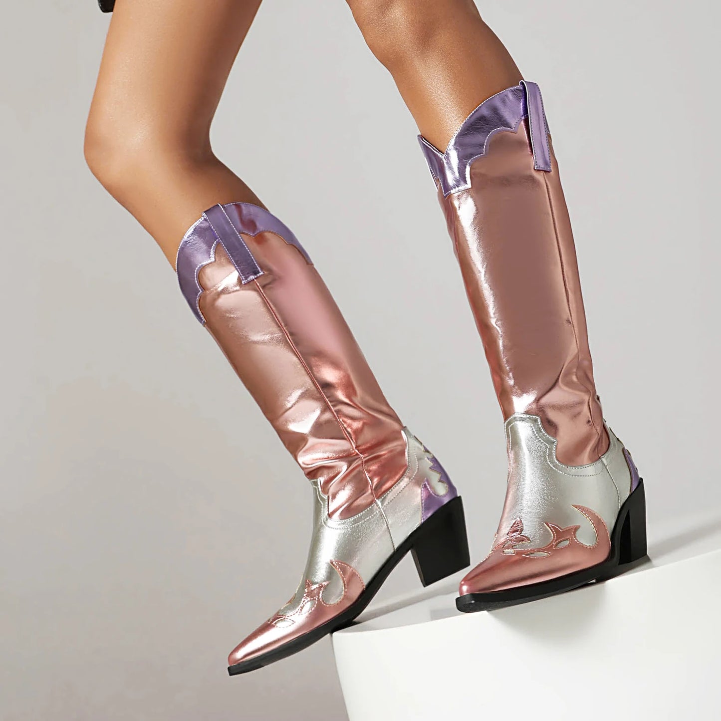 Plus Size High Gloss Microfiber Material Color Matching Boots Pointed Toe Tapered Thick Heels Breathable Lining Knee High Boots