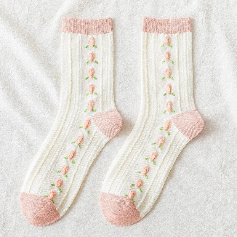 Japanese Harajuku Style Kawaii Woman Socks Cotton with Strawberry and Flower Funny and Pink Socks Women 121702