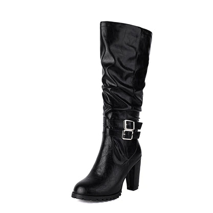 Plus Size Double Row Metal Belt Buckle Round Head Ultra-High Thick Heel Side Zipper Knee High Boots Platform Fashion Long Boots