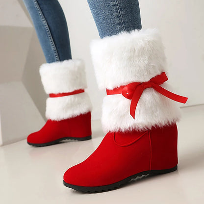 Fur Splicing Frosted Velvet Fine Belt Bow Flat Bottom Slope Heel Thick Plush Lining Mid-calf Boots Height Increasing Inside Boot