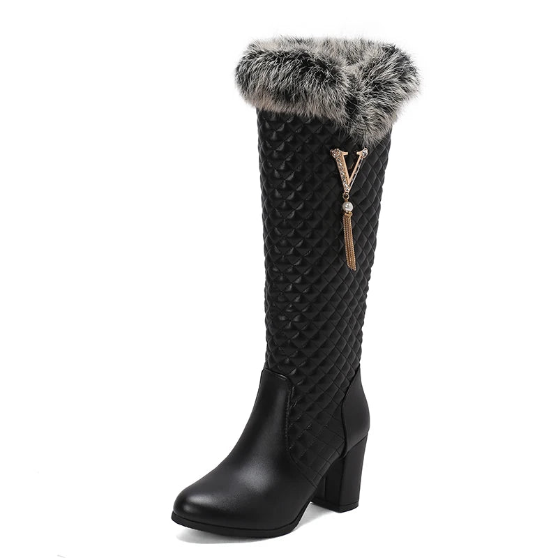 Plus Size Fur Raised Checker Pattern Women's Knee Length Boots Thick Heel Thick Plush Inner Metal Chain Pearl Snow Boots