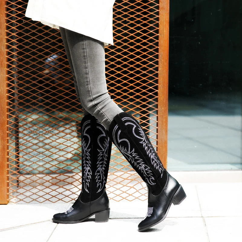 Plus Size Matte Flock Stitching PU Embroidered Popular Western Boots Pointed Thick Heel Slip On Women's Knee Boots