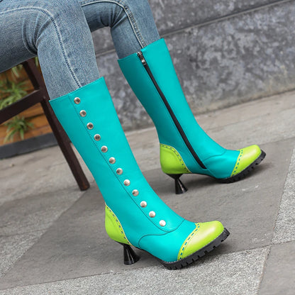 Plus Size Shaped Wine Cup Heel Side Zipper Colored Women's Knee Length Boots Round Metal Rivets Novelty Sweet Knight Boots